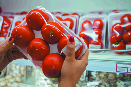 Vacuum packed tomatoes in a super market